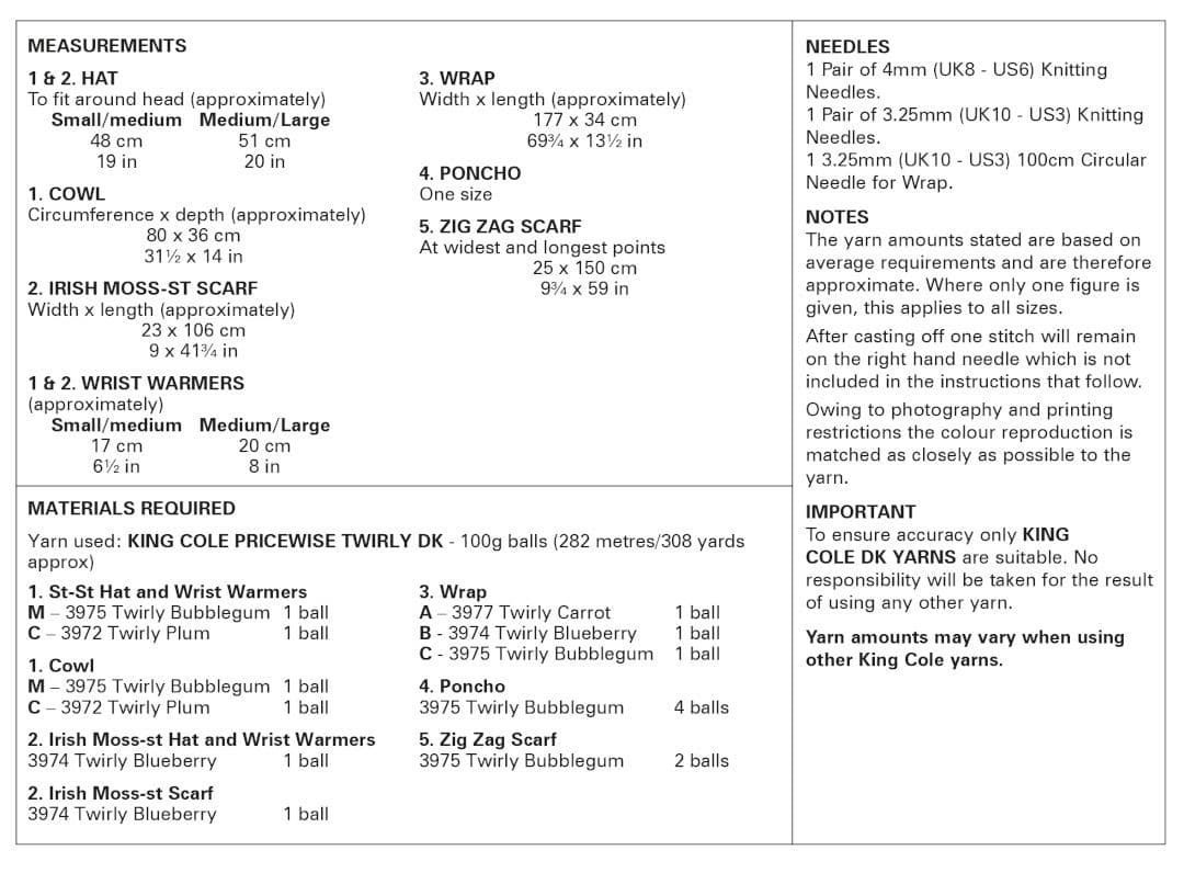 King Cole Pricewise Twirly DK Accessories Pattern 6134