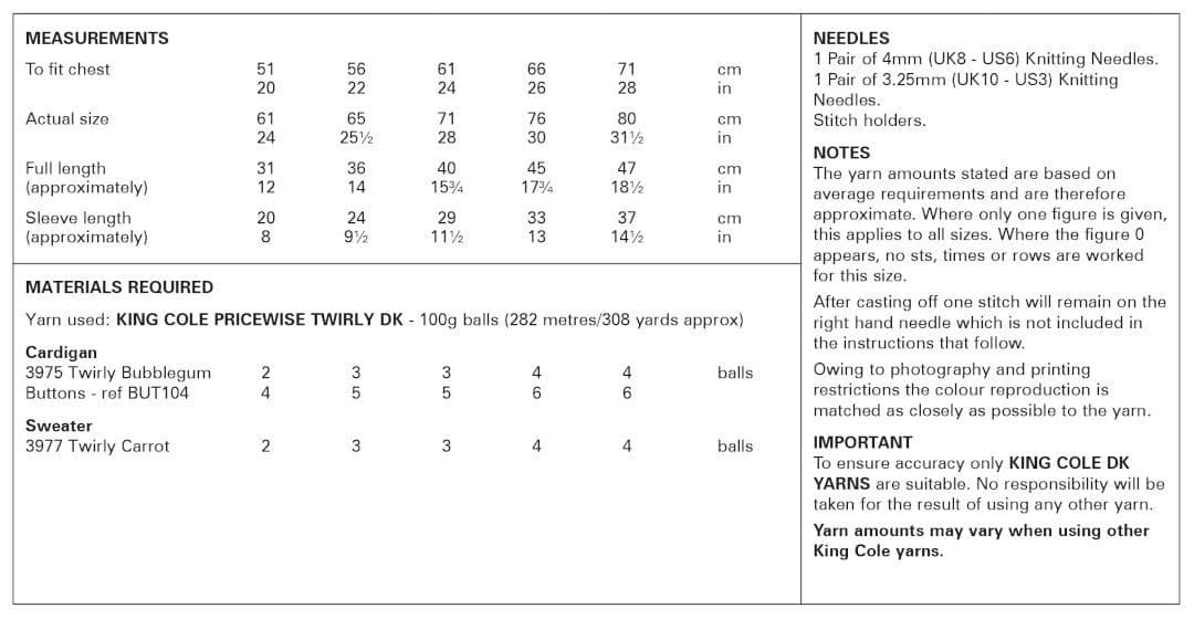 King Cole Pricewise Twirly DK Cardigan & Sweater Pattern 6133