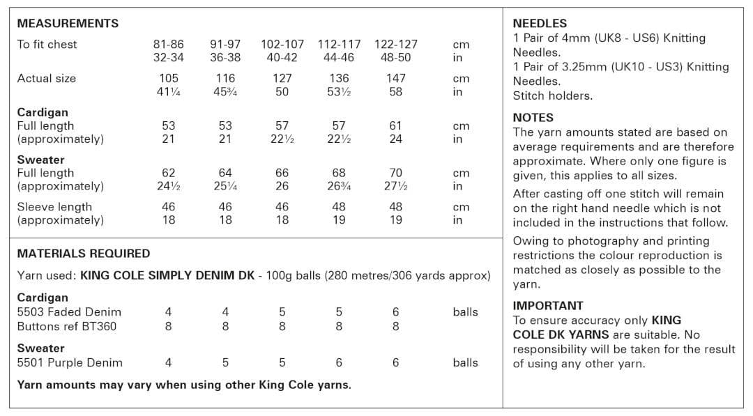 King Cole Simply Denim DK Cardigan & Sweater Pattern 6157