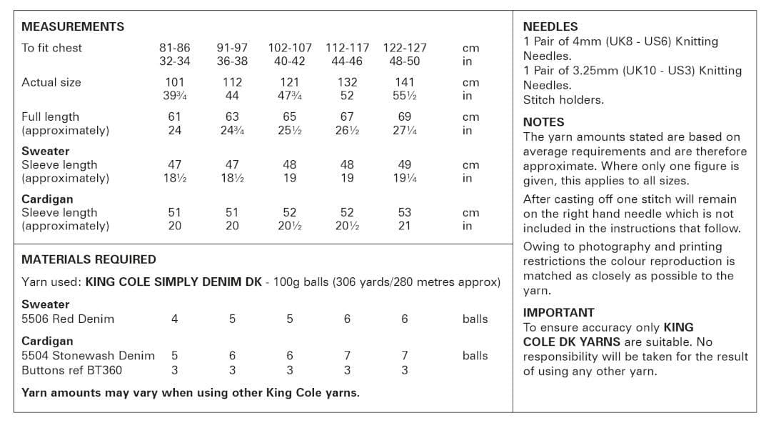 King Cole Simply Denim DK Sweater & Cardigan Pattern 6158