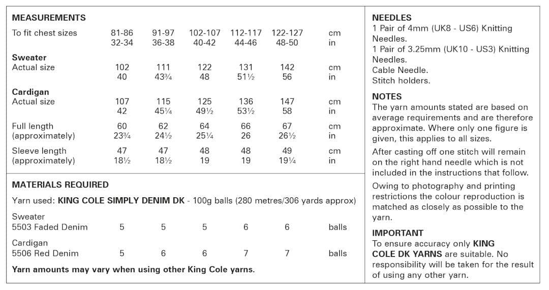 King Cole Simply Denim DK Sweater & Cardigan Pattern 6160