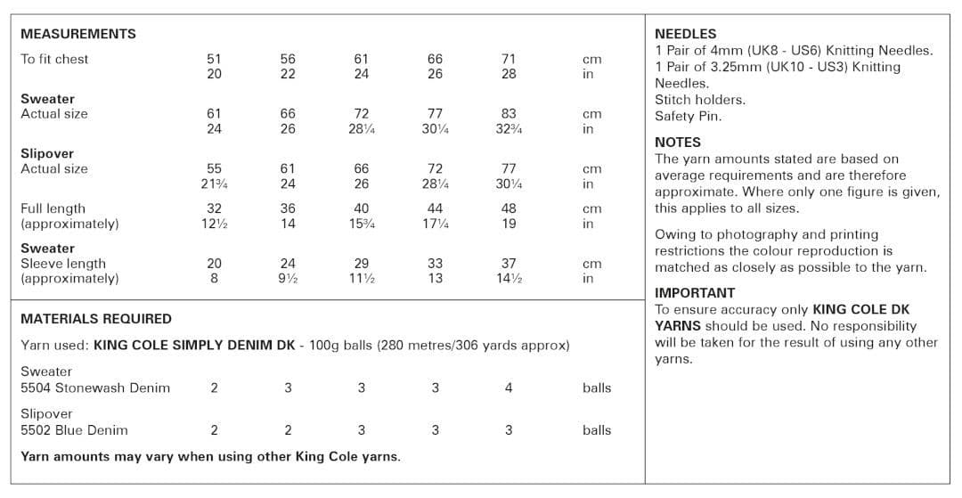 King Cole Simply Denim DK Sweater & Slipover Pattern 6155