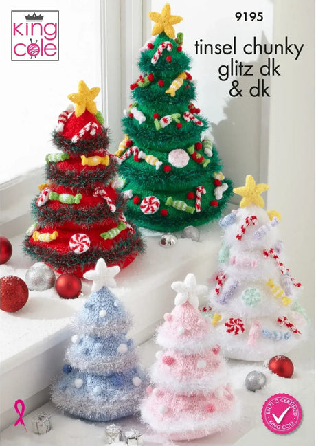 King Cole Tinsel Chunky, Glitz DK & DK Christmas Trees Pattern 9195