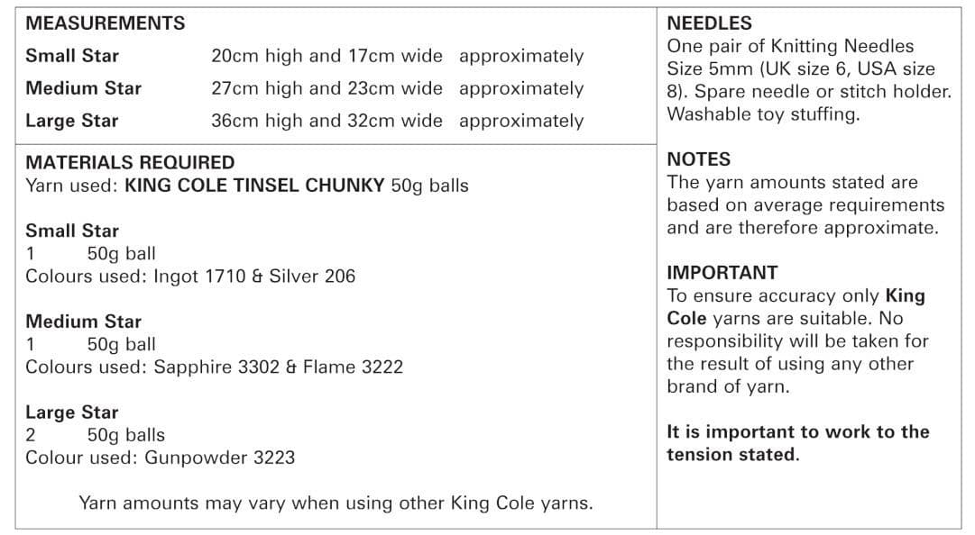 King Cole Tinsel Chunky Pattern 9106 Christmas Tinsel Stars