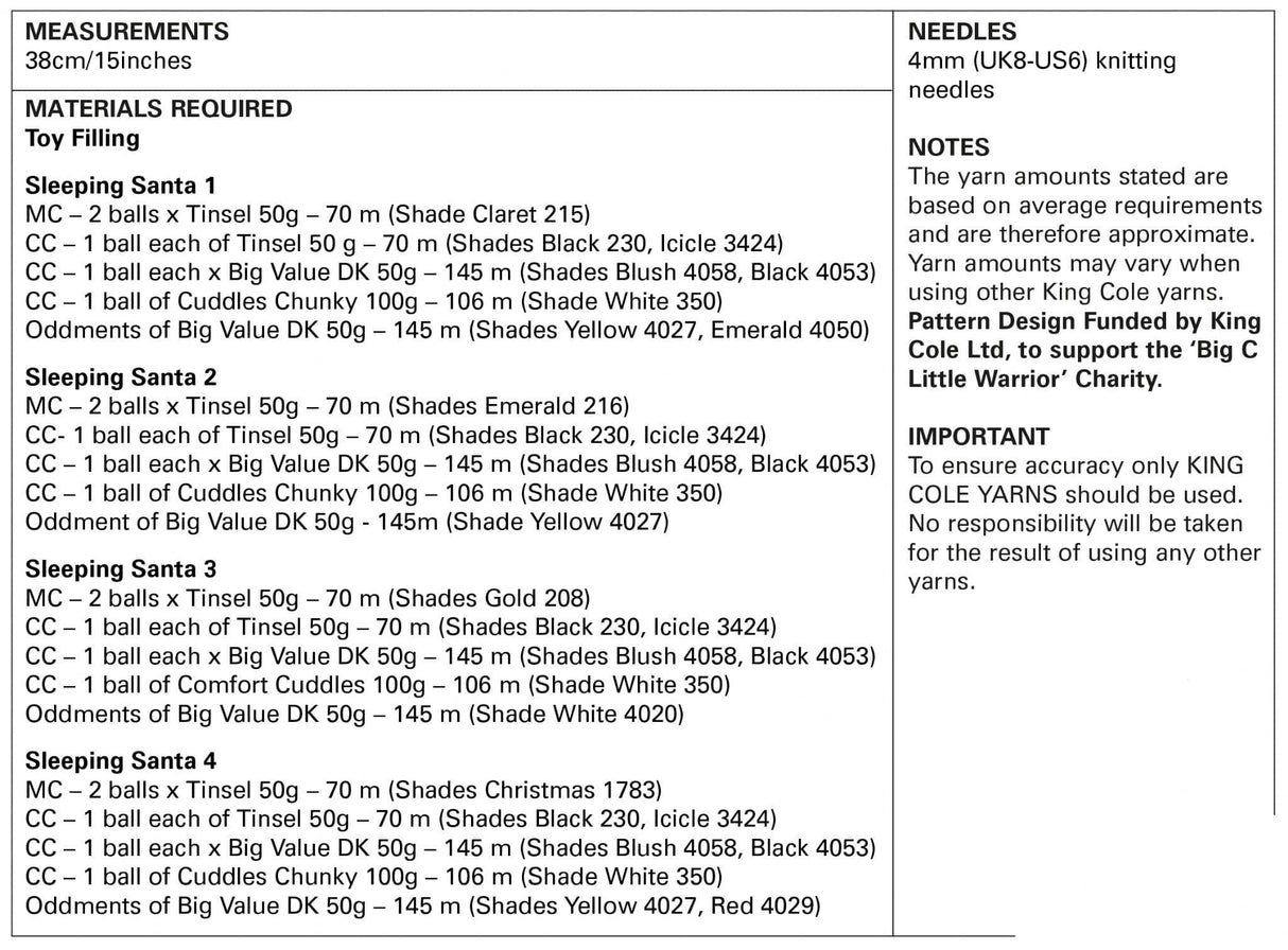 King Cole Tinsel Chunky Pattern 9163 Sleeping Santa