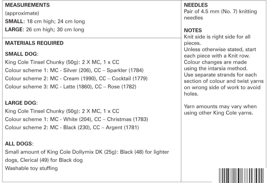 King Cole Tinsel Chunky Westie Dog Pattern 9056