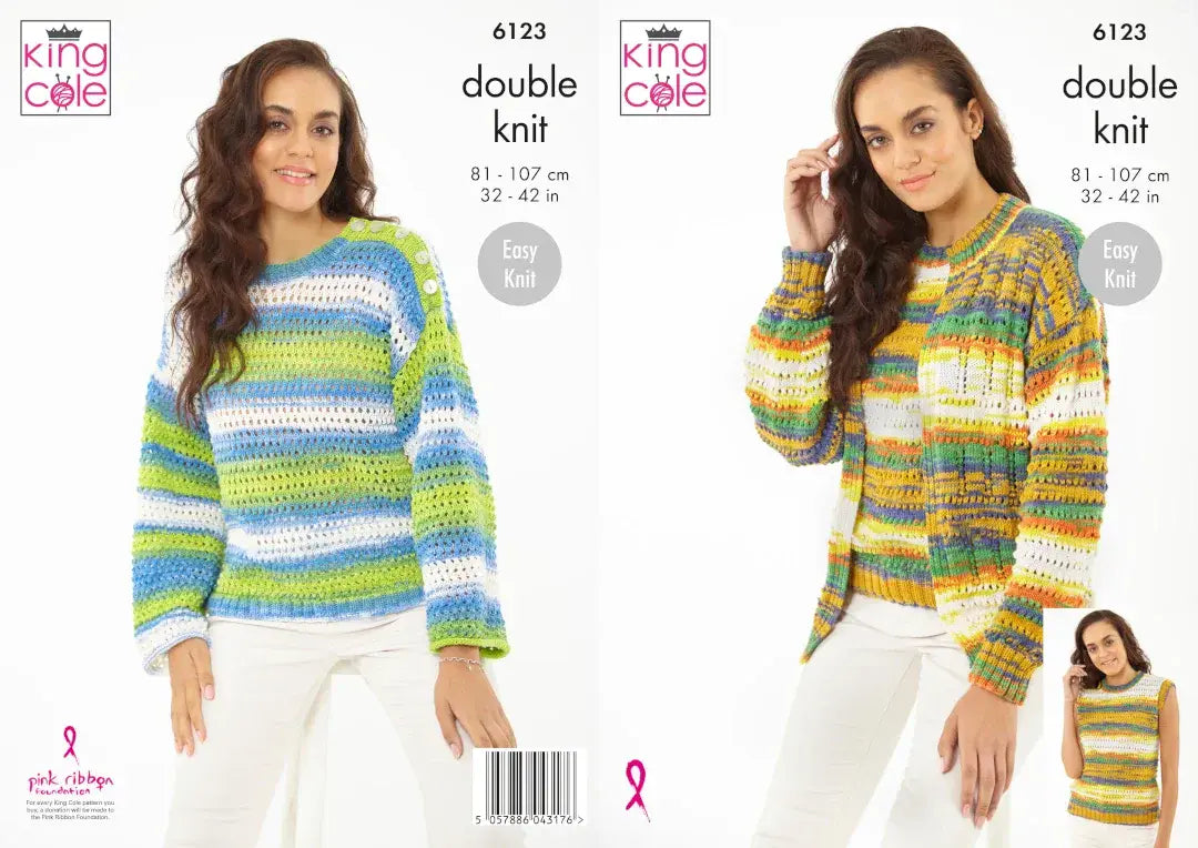 King Cole Ladies Easy Knit Sweater, Cardigan & Tank Top Knitting Pattern 6123 - Double Knit King Cole Ladies Easy Knit Sweater, Cardigan & Tank Top Knitting Pattern 6123 - Double Knit