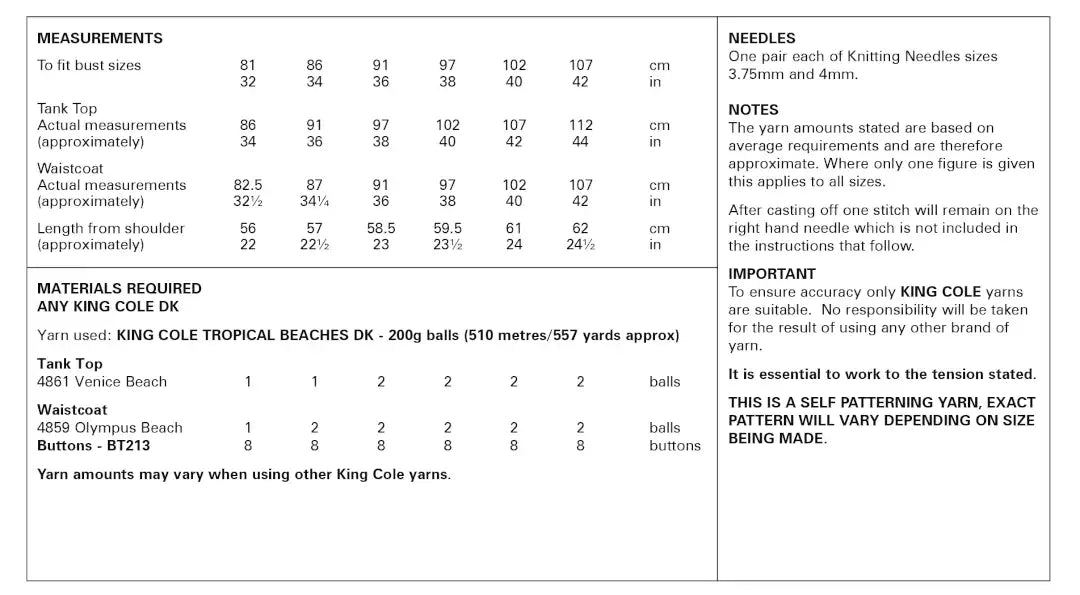 King Cole Tropical Beaches DK Tank Top & Waistcoat Pattern 6124