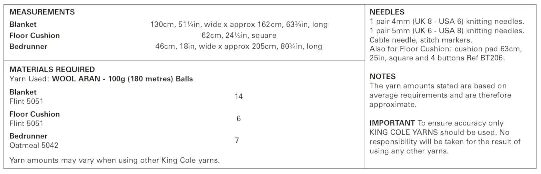 King Cole Wool Aran Bed Runner & Blanket Pattern 5959
