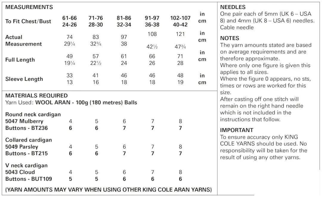 King Cole Wool Aran Cardigan Pattern 5957