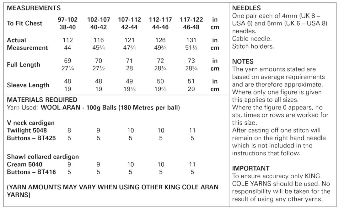 King Cole Wool Aran Mens Cardigan Pattern 5960