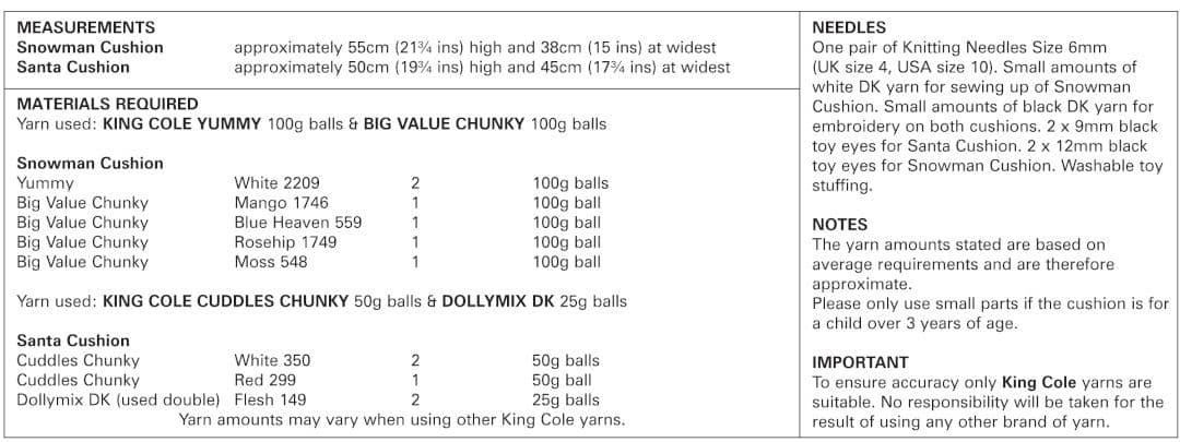 King Cole Yummy Chunky Christmas Snowman & Santa Advent Calendar Cushion Pattern 4871