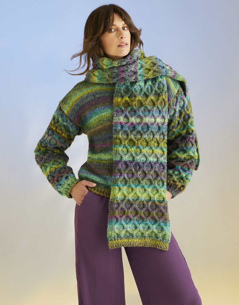 Sirdar Jewelspun Chunky Sweater & Scarf Pattern 10706
